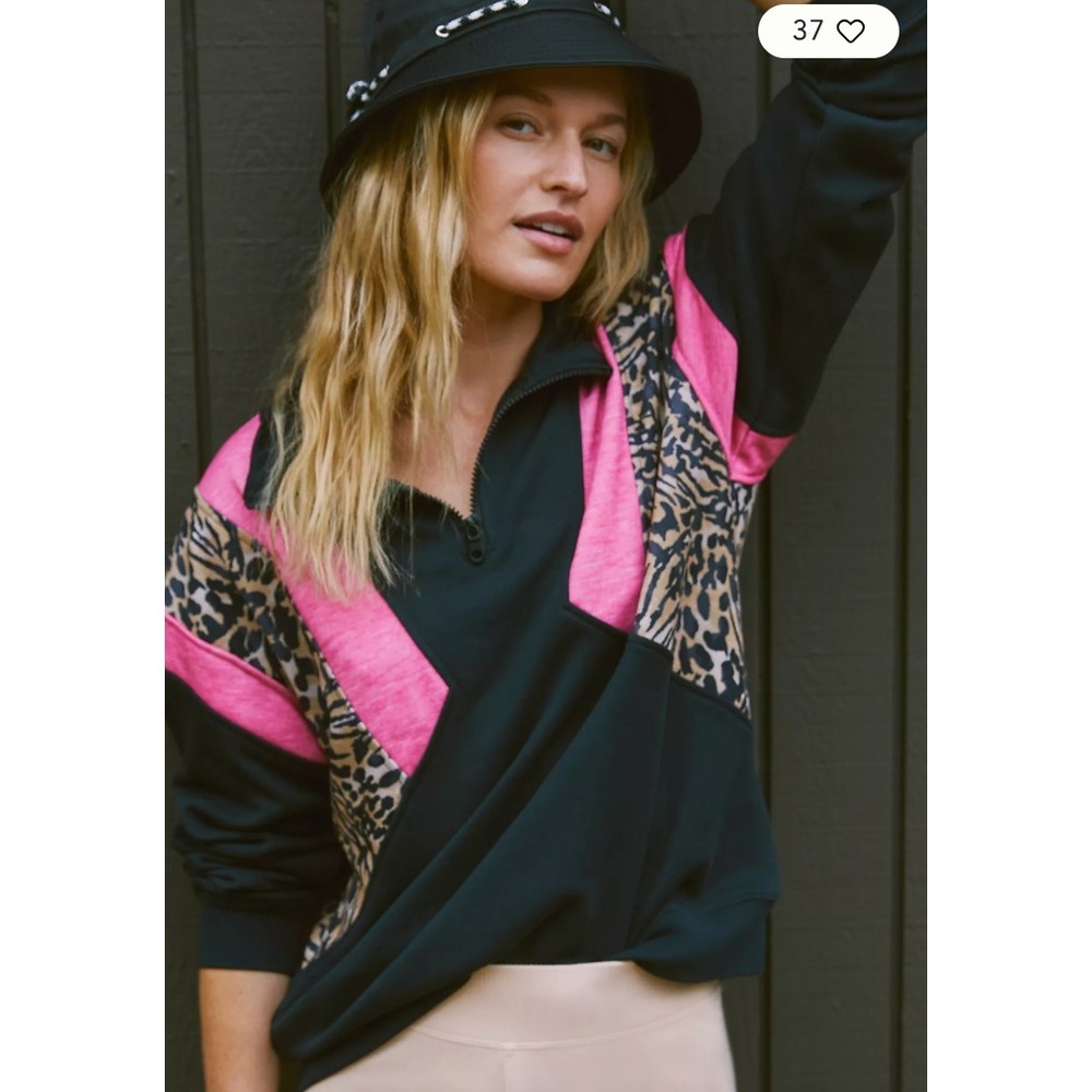 Beach Riot Womens Leopard Pink Colorblock Quarter Zip Sweatshirt Small NEW